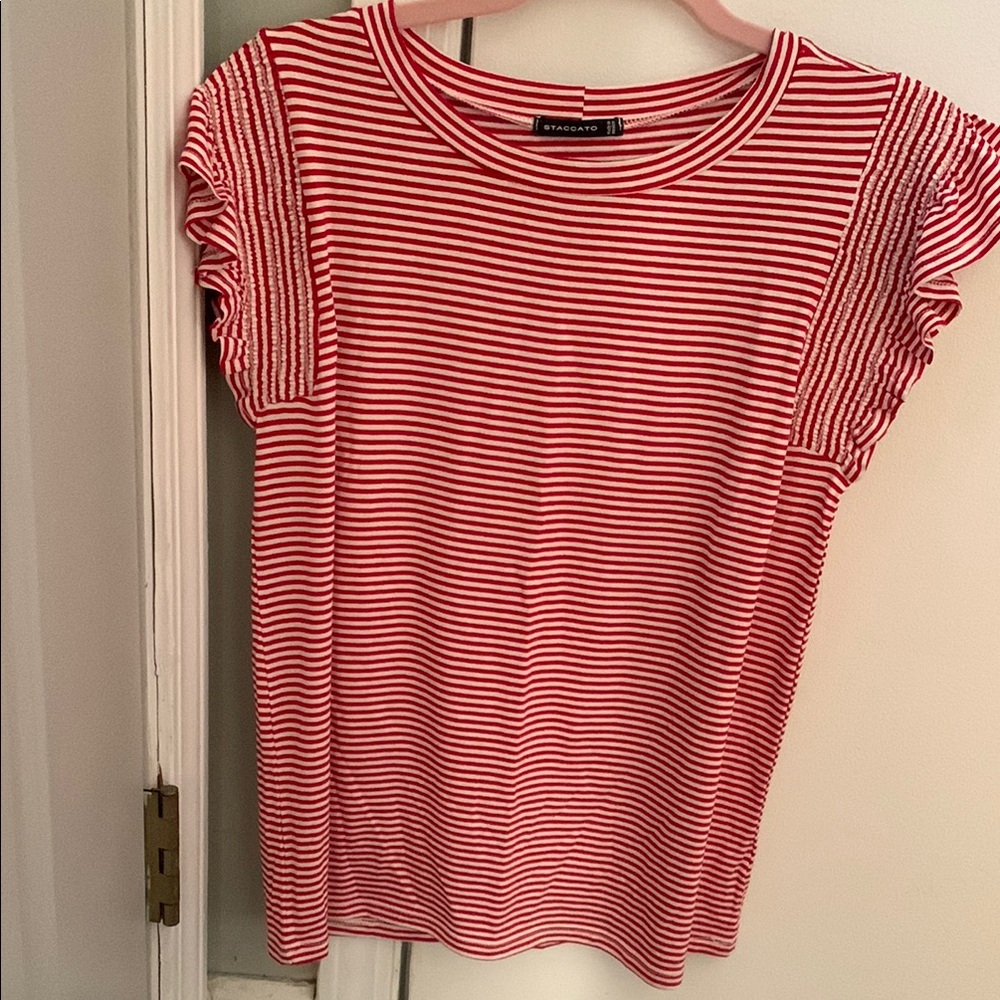 HEIMISH USA Red and White Ruffled Short Sleeve Tee